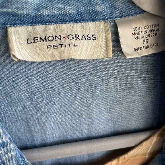 Vintage Lemon Grass Embroidered Short Sleeve Denim Button Up Raised Flower Plaid - Picture 8 of 9